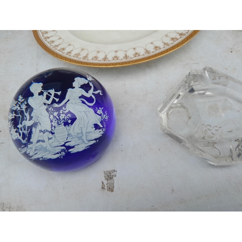 84 - Box of oddments : glass paperweight, chipped Art Deco Baccarat style ashtray, Torquay money bank etc