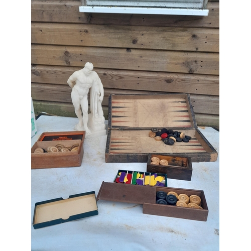 85 - Victorian carved alabaster figure,  vintage draughts and counters
