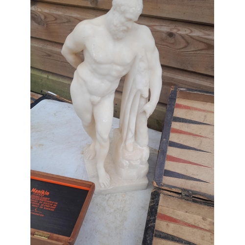 85 - Victorian carved alabaster figure,  vintage draughts and counters