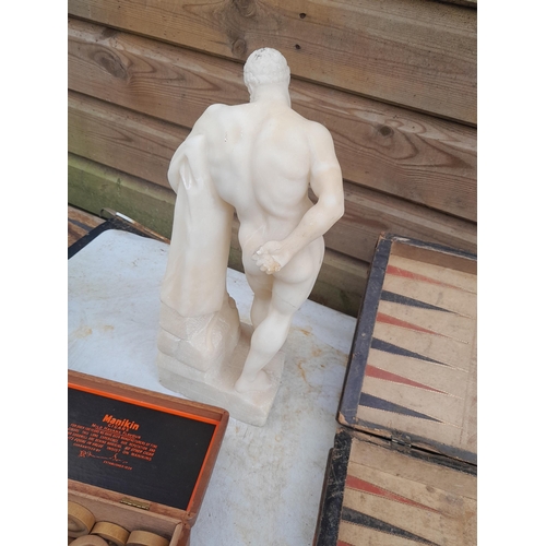 85 - Victorian carved alabaster figure,  vintage draughts and counters