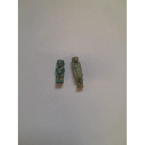 92 - Antique Egyptian amulets : 1 x turquoise glaze faience Pataikos, 1 x faience Taweret, no provenance