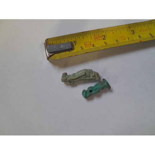92 - Antique Egyptian amulets : 1 x turquoise glaze faience Pataikos, 1 x faience Taweret, no provenance