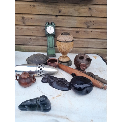 93 - Box of oddments : wooden ware, resin longcase clock ornaments, 20th century Jolly Money Box, damaged... 