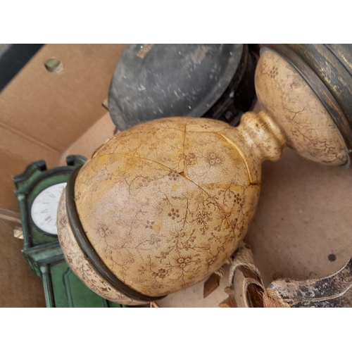 93 - Box of oddments : wooden ware, resin longcase clock ornaments, 20th century Jolly Money Box, damaged... 