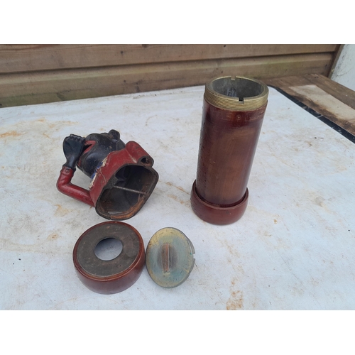 93 - Box of oddments : wooden ware, resin longcase clock ornaments, 20th century Jolly Money Box, damaged... 