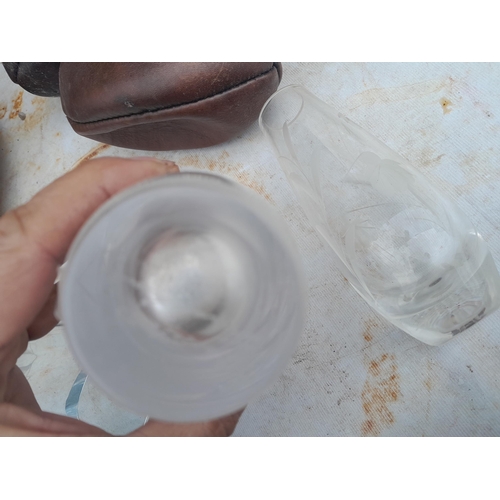 94 - Box of oddments : 3 x pieces of etched glass (2 x signed Scandinavian), wooden lazy Susan