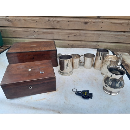 95 - Silver plated tankards and wooden boxes for restoration