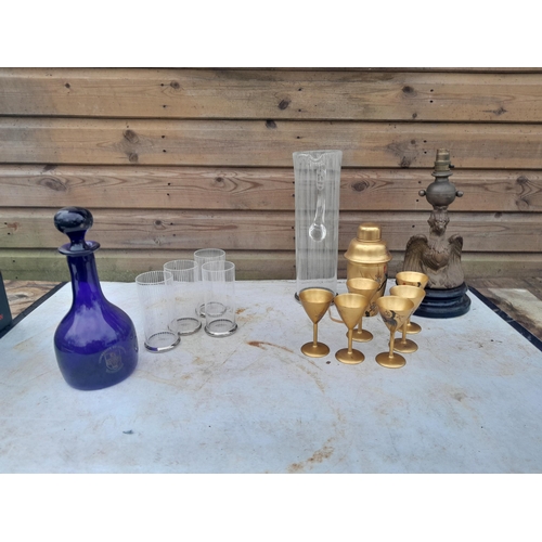 97 - Decorative china and glassware, modern cobalt blue decanter, vintage Japanese gilded lacquerware etc... 