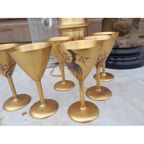 97 - Decorative china and glassware, modern cobalt blue decanter, vintage Japanese gilded lacquerware etc... 