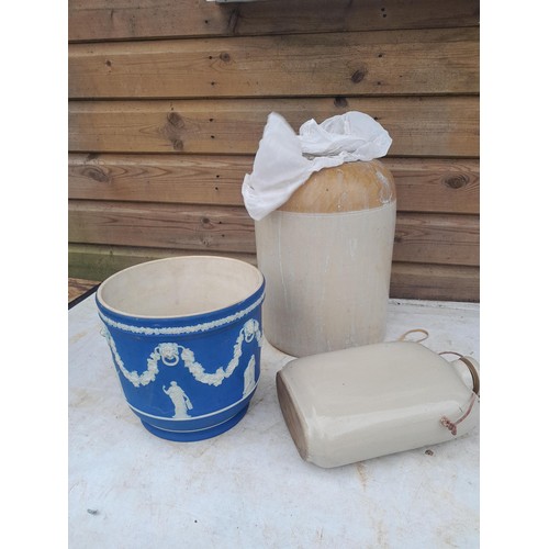 64 - 2 x panels of modern leaded stained glass in good order, Wedgwood Jasperware vase, stoneware items