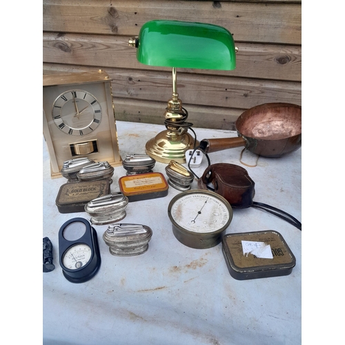 98 - Box of oddments : plated lighters, modern desk lamp, various meters etc.