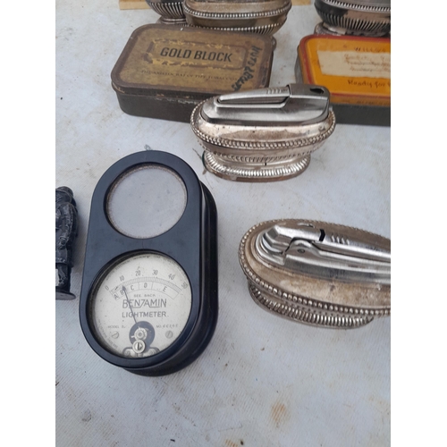 98 - Box of oddments : plated lighters, modern desk lamp, various meters etc.