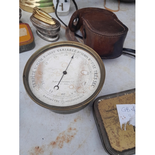 98 - Box of oddments : plated lighters, modern desk lamp, various meters etc.