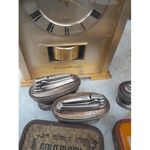 98 - Box of oddments : plated lighters, modern desk lamp, various meters etc.