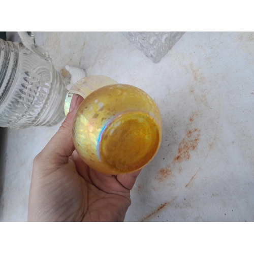 100 - Glassware : cut glass vases and decanters and iridescent vase