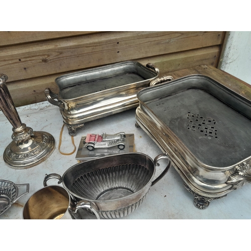 101 - Silver plated ware : vintage optics, serving trays etc.