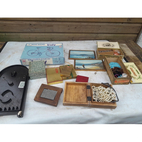 107 - Box of oddments : 2 x small watercolours by E M Gravely, beads etc.