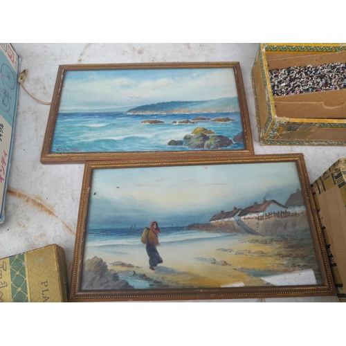 107 - Box of oddments : 2 x small watercolours by E M Gravely, beads etc.