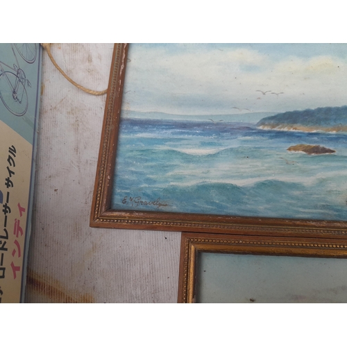 107 - Box of oddments : 2 x small watercolours by E M Gravely, beads etc.