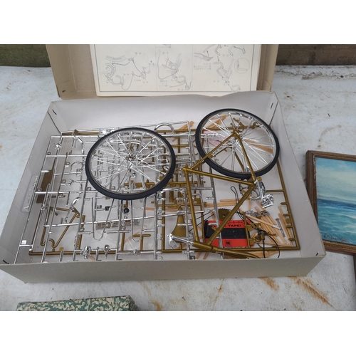 107 - Box of oddments : 2 x small watercolours by E M Gravely, beads etc.