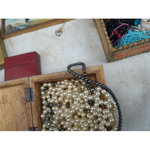 107 - Box of oddments : 2 x small watercolours by E M Gravely, beads etc.