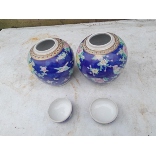 110 - Pair of 19th century Famille Rose Chinese vases with bird decoration with covers