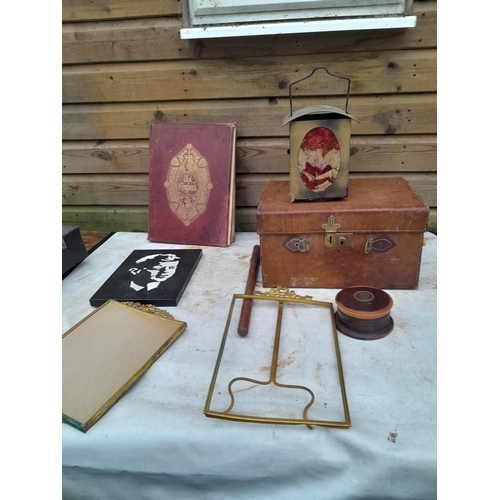 111 - Box of oddments : vintage brass lock case no handles, prints, picture frames, magazines, brass hangi... 