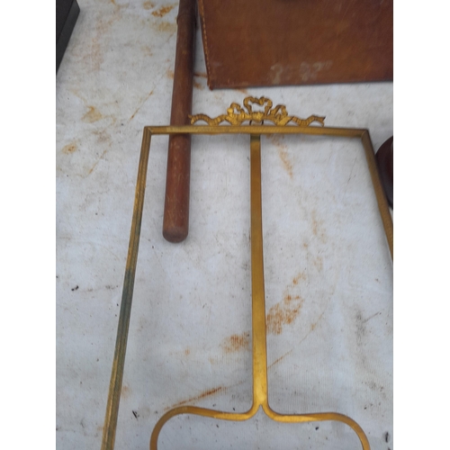 111 - Box of oddments : vintage brass lock case no handles, prints, picture frames, magazines, brass hangi... 