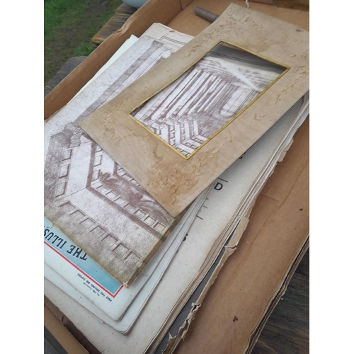 111 - Box of oddments : vintage brass lock case no handles, prints, picture frames, magazines, brass hangi... 