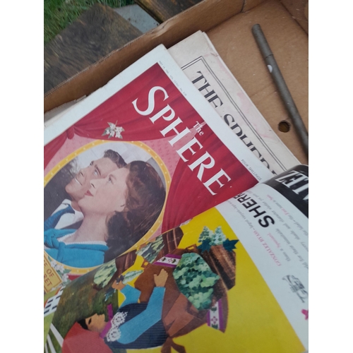 111 - Box of oddments : vintage brass lock case no handles, prints, picture frames, magazines, brass hangi... 