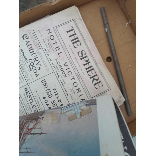 111 - Box of oddments : vintage brass lock case no handles, prints, picture frames, magazines, brass hangi... 