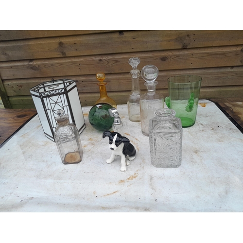 112 - Decorative glassware, modern lamp shade, 19th century rum decanter, later decanters, restored Sylvac... 