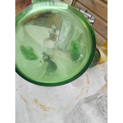 112 - Decorative glassware, modern lamp shade, 19th century rum decanter, later decanters, restored Sylvac... 