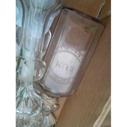 112 - Decorative glassware, modern lamp shade, 19th century rum decanter, later decanters, restored Sylvac... 