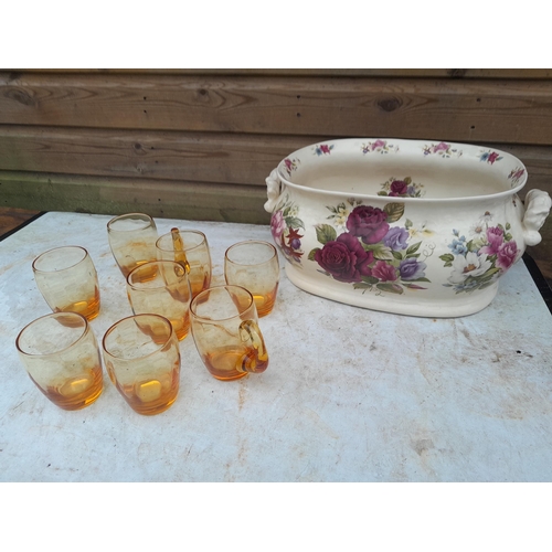 113 - Vintage transfer print footbath and amber glassware