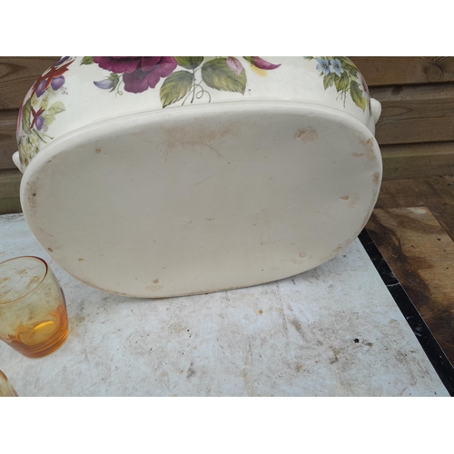 113 - Vintage transfer print footbath and amber glassware