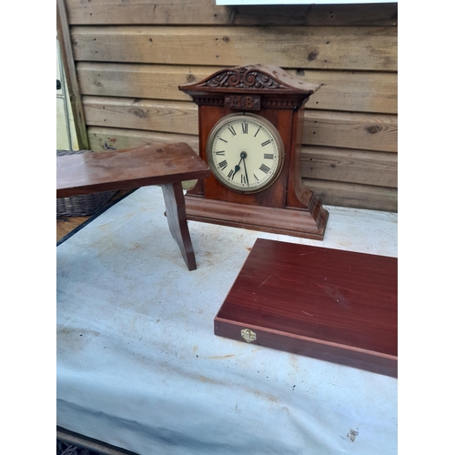 118 - Mantle clock with later  quartz movement, bowling woods, Christmas decorations etc.