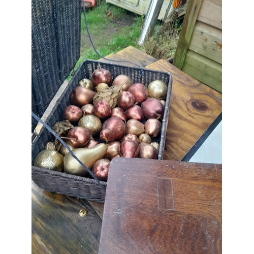 118 - Mantle clock with later  quartz movement, bowling woods, Christmas decorations etc.