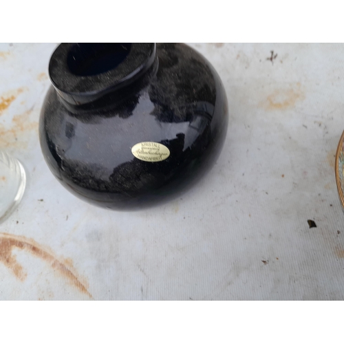 144 - ox of decorative china : damaged Chinese Famille Rose dish, glassware, Wedgwood charger and other it... 