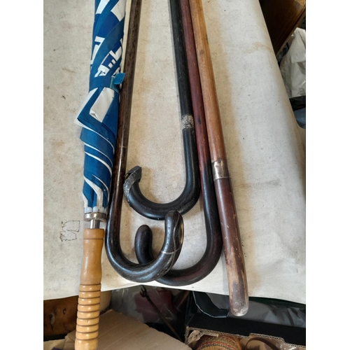 147 - Collection of mixed era walking sticks, canes and umbrellas : silver collars included
