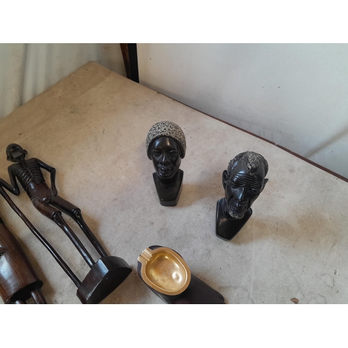 162 - Collection of mid 20th century African Art : wood carvings , pair of Shona carved stone busts, coast... 