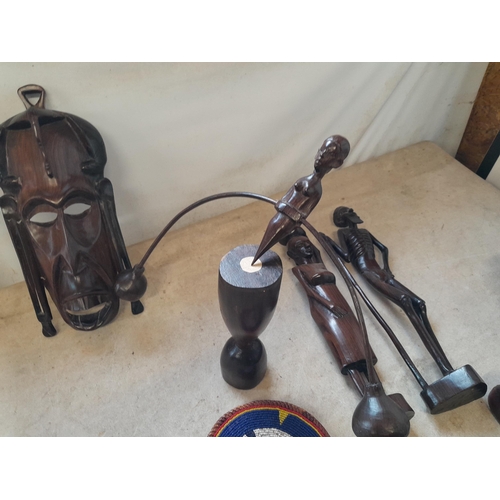 162 - Collection of mid 20th century African Art : wood carvings , pair of Shona carved stone busts, coast... 