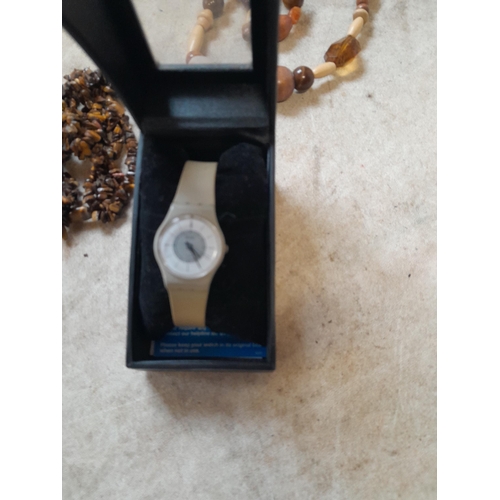 170 - Swatch, beads, damaged silver collar vase and costume jewellery