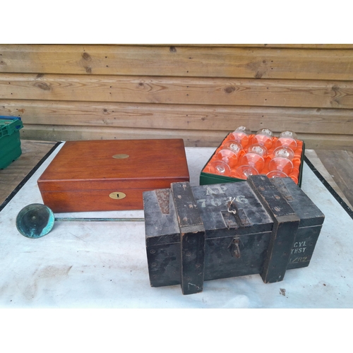 1A - Edwardian mahogany box, ammunition box and commemorative glasses