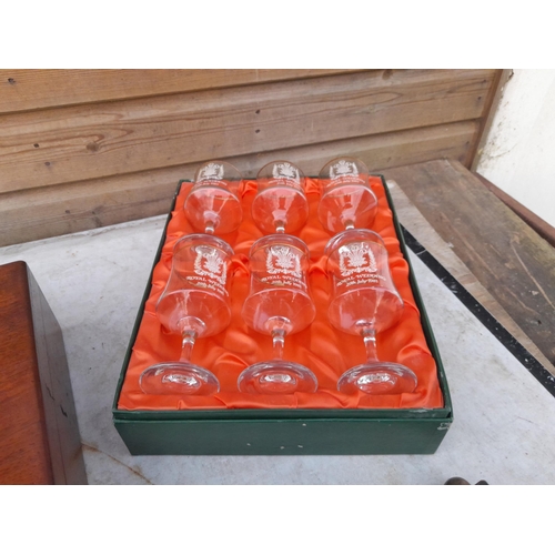 1A - Edwardian mahogany box, ammunition box and commemorative glasses