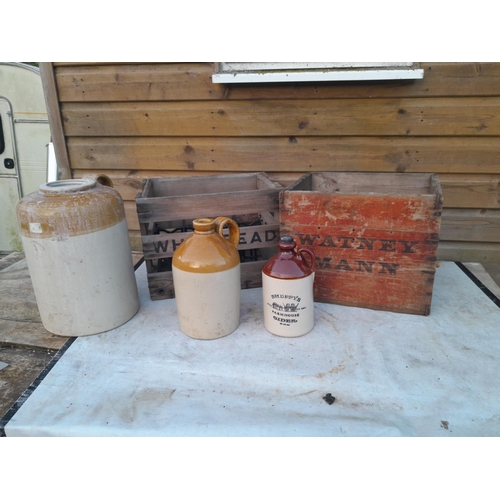 2 - Vintage wooden beer crates x 2, advertising modern and vintage non advertising stoneware flagons and... 