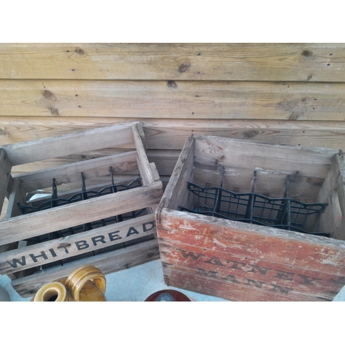 2 - Vintage wooden beer crates x 2, advertising modern and vintage non advertising stoneware flagons and... 