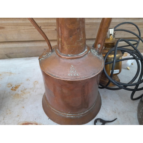 9 - Mixed era brass and copper ware : vintage Indian copper cooking pot and water vessel