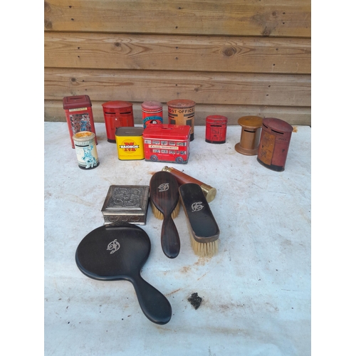 11 - Vintage money box tins, ebony brushes with small amount of silver on backs etc.