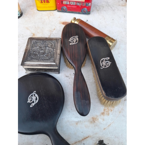 11 - Vintage money box tins, ebony brushes with small amount of silver on backs etc.